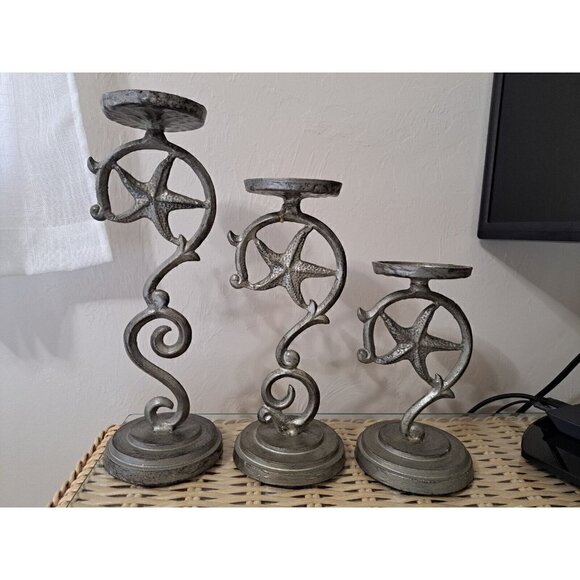 Set of 3 Sanibel Home Metal Graduated Height Pillar Candle Holders Starfish - Picture 1 of 9